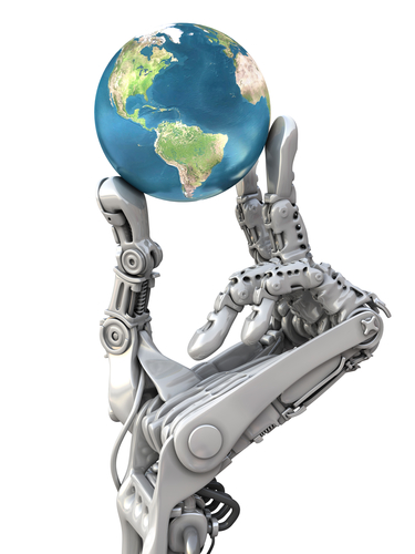 Robot keeps the blue globe. Planet Earth in hands at high technology. Conceptual 3d illustration